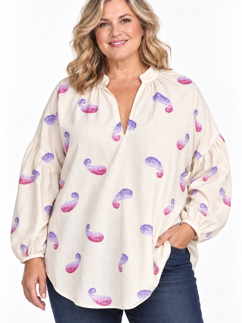 J.Jill Paisley Print Cotton Popover Blouse Cream Pink Purple Plus 2X NWT